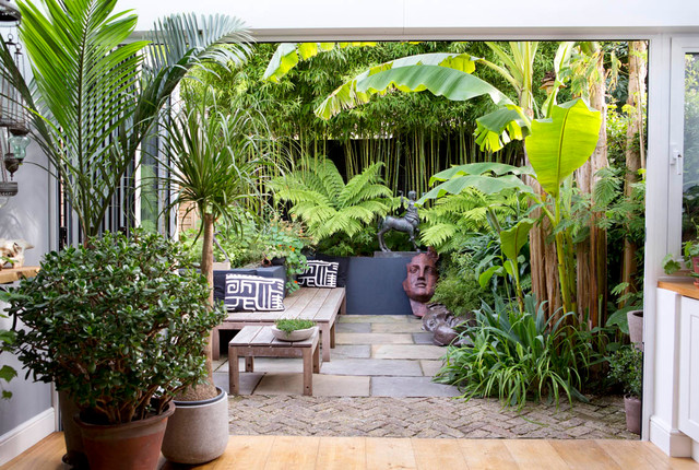 Tropical patio garden with lush greenery and seating area.