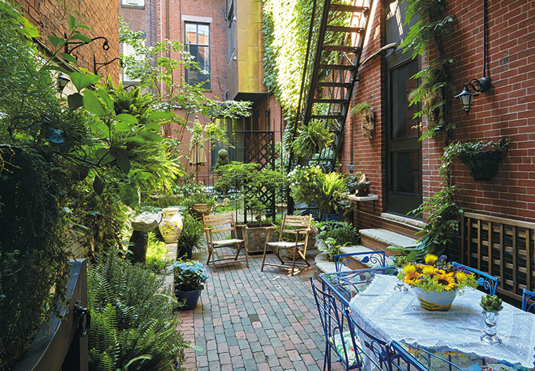 Cozy brick courtyard with green plants and outdoor furniture.