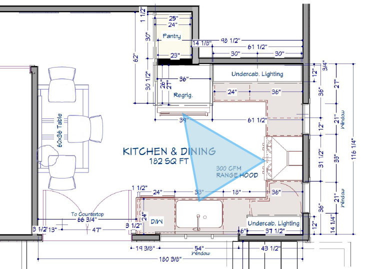 Detailed kitchen and dining floor plan with measurements.