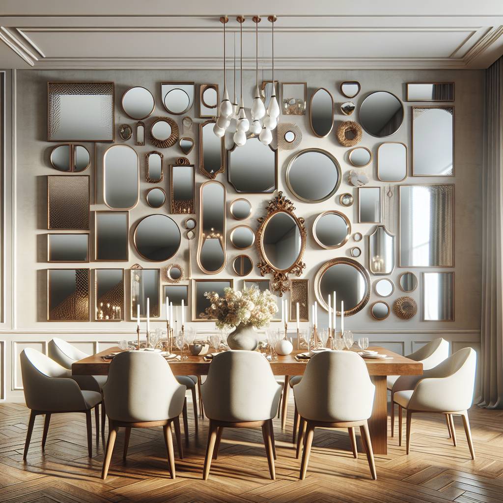 Elegant dining room with eclectic mirror wall decor.