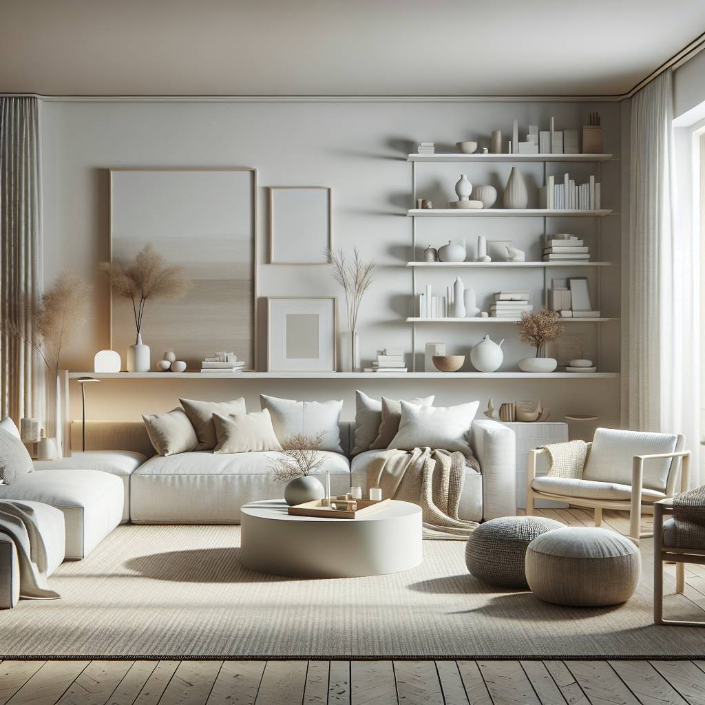 Neutral-toned living room decor with shelving display.