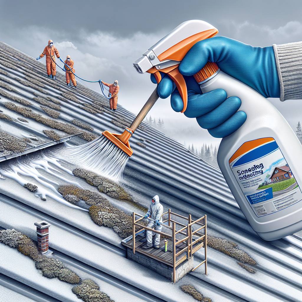 Giant spray bottle cleaning roof in a fantasy illustration.