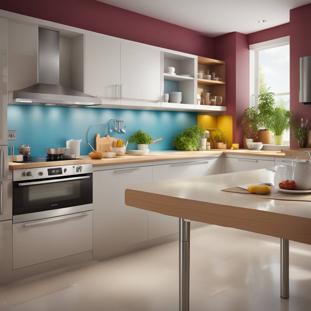Modern kitchen interior with bright colors and sunlight