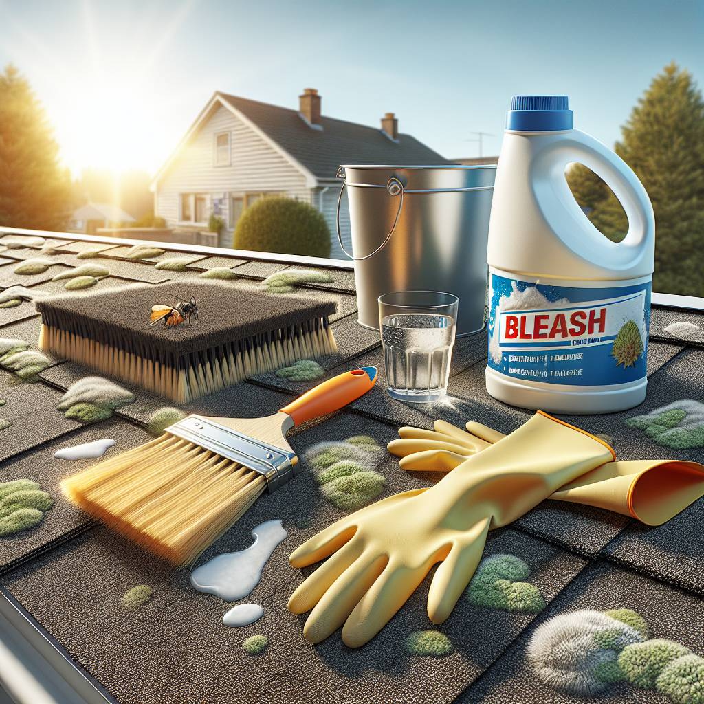 Roof cleaning supplies on shingles at sunrise.