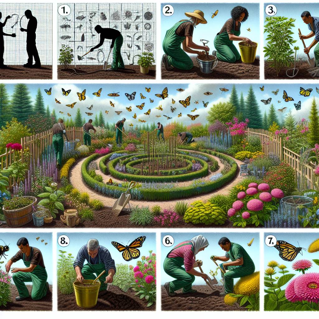 Illustration of people gardening in various stages with butterflies.