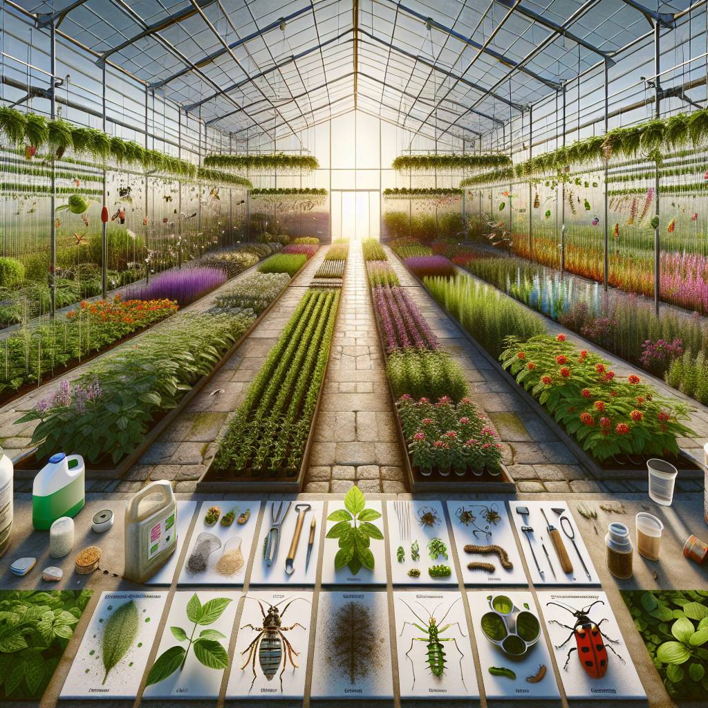Sunlit greenhouse with diverse plants and gardening tools.