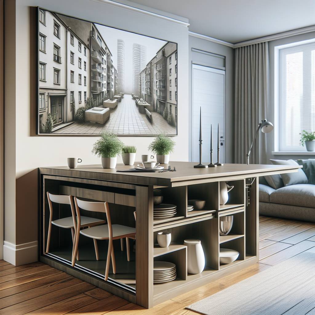 Modern dining room with cityscape wall art.