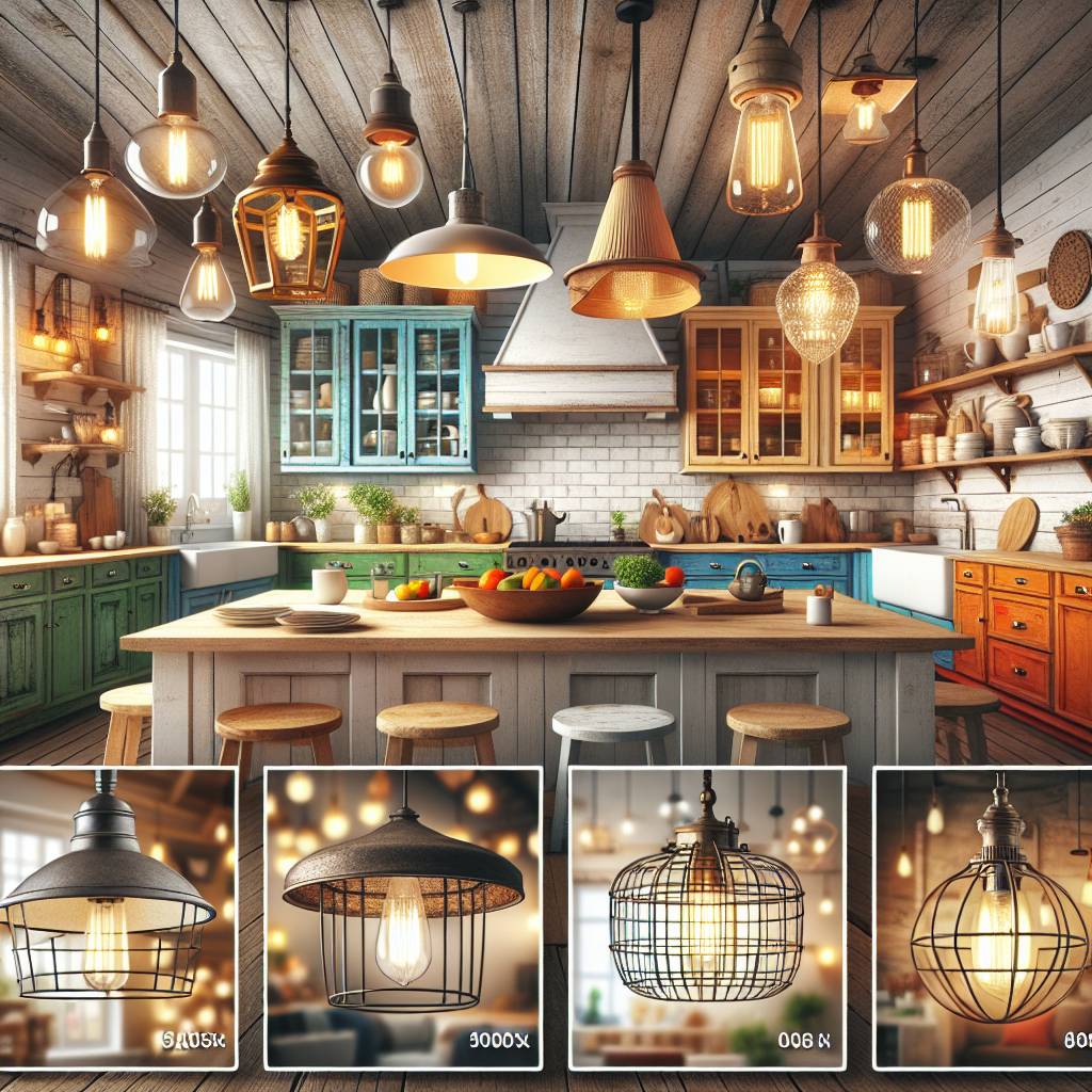 Rustic kitchen interior with assorted pendant lights.