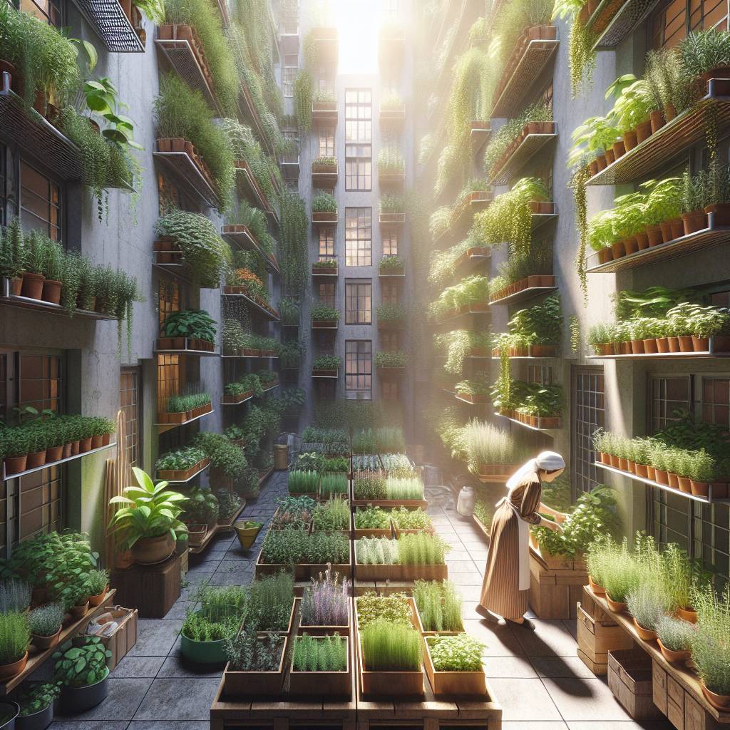 Urban garden courtyard with greenery and sunlight.