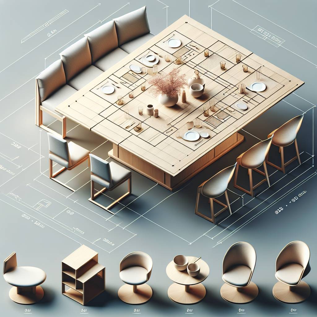 Isometric dining room furniture blueprint design illustration.