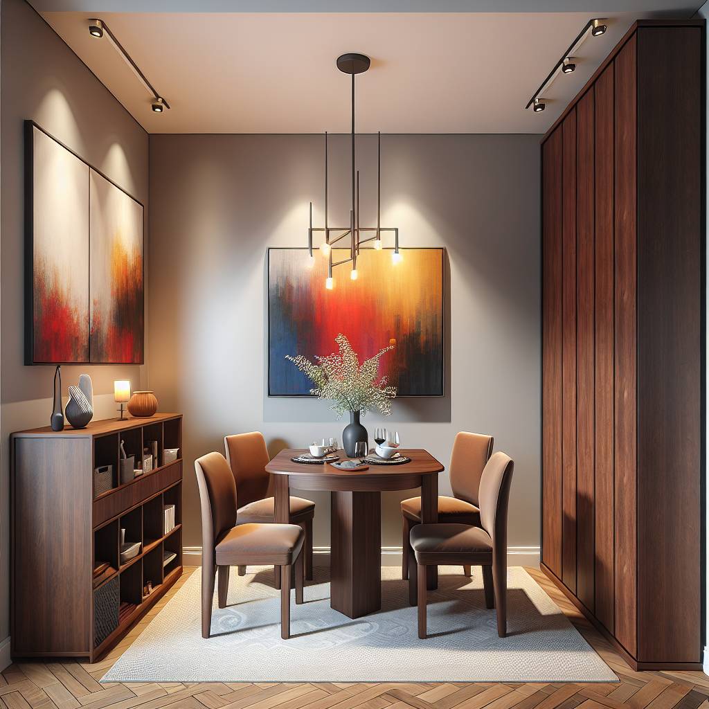 Modern dining room with abstract art and wooden furniture.