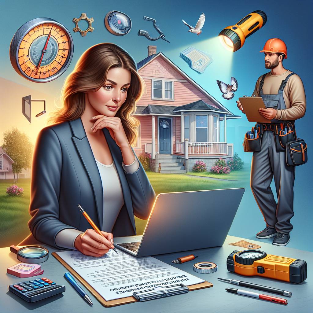 Woman working, man inspecting home, various tools floating.