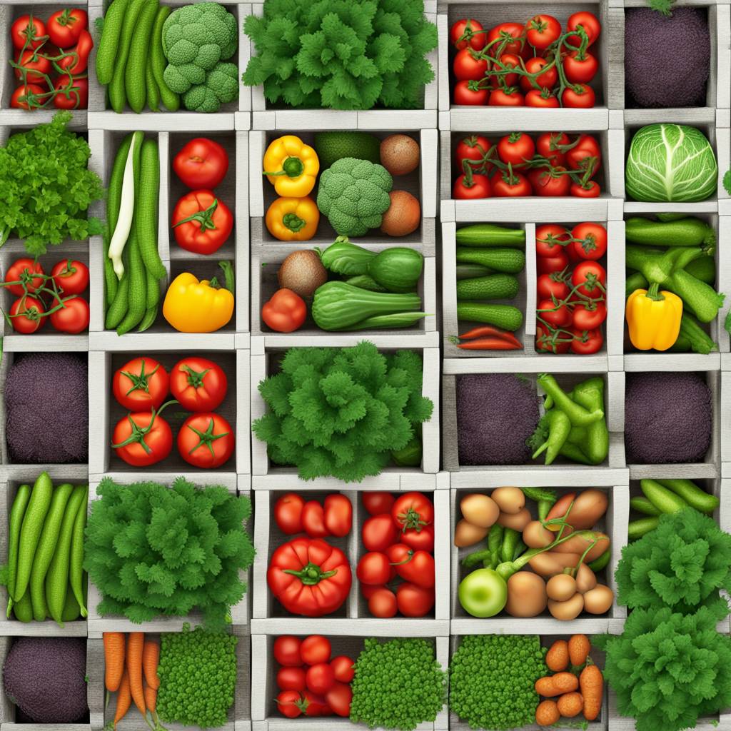 Assorted fresh vegetables in square compartments.