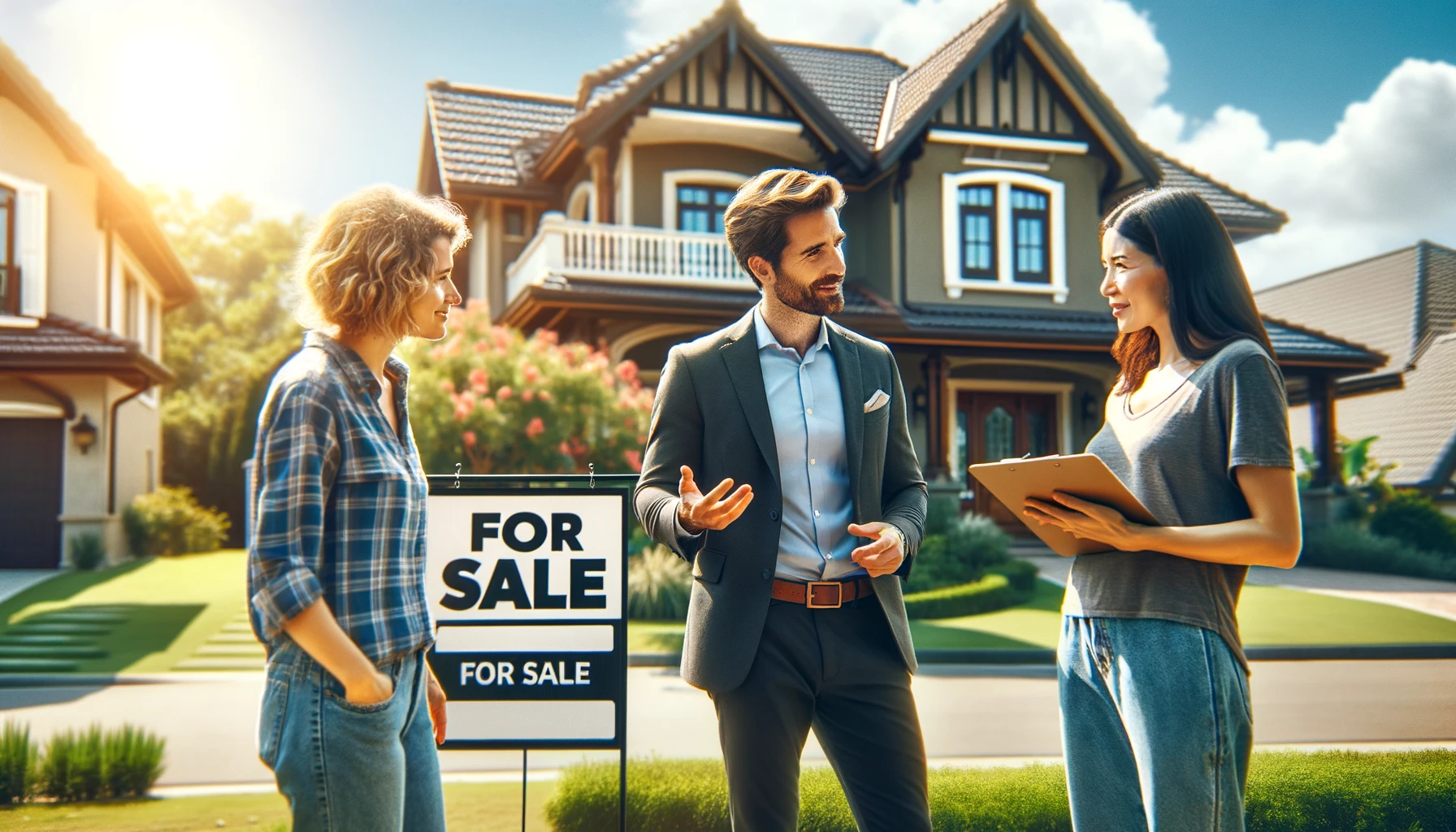 Realtor discussing house sale with couple outside home