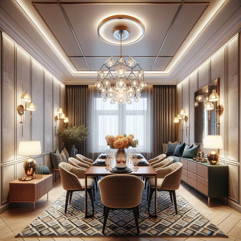 Elegant dining room interior design with modern lighting.
