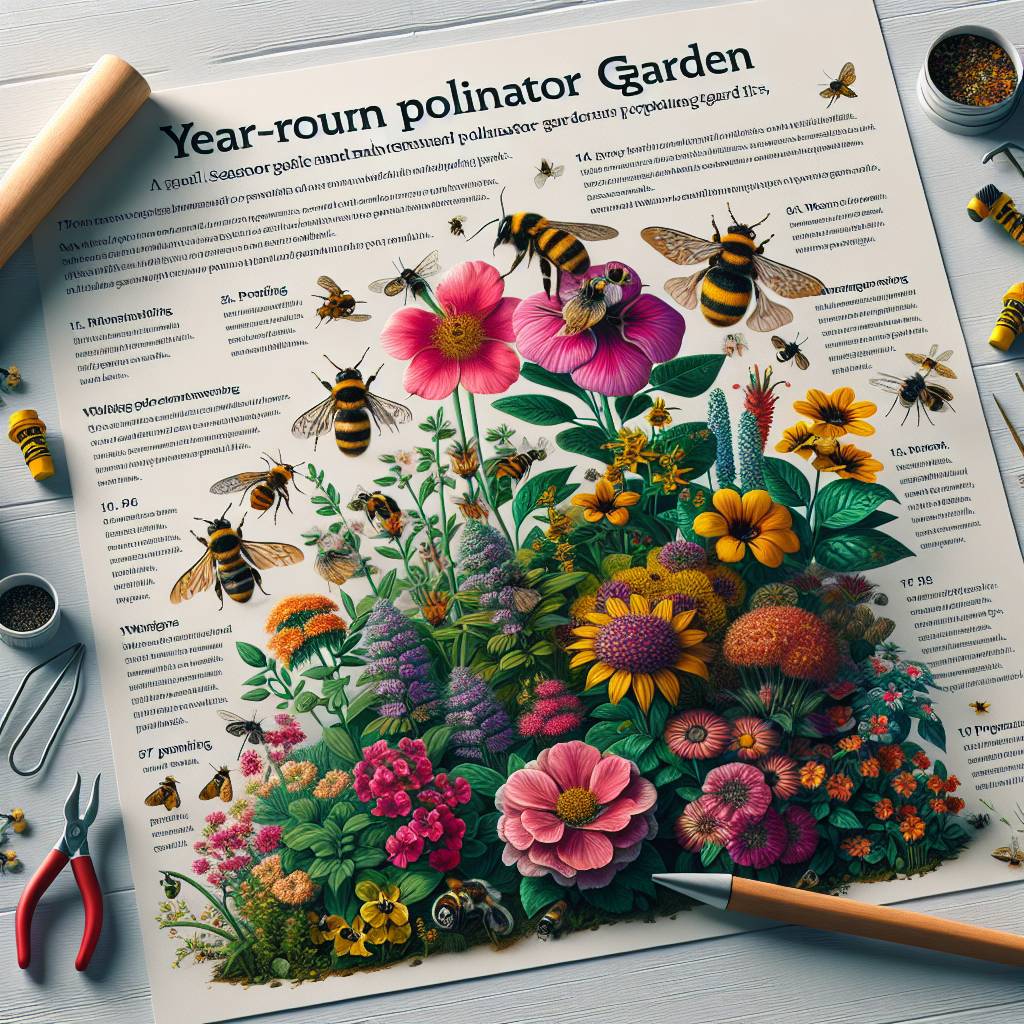 Illustrated year-round pollinator garden poster with bees.