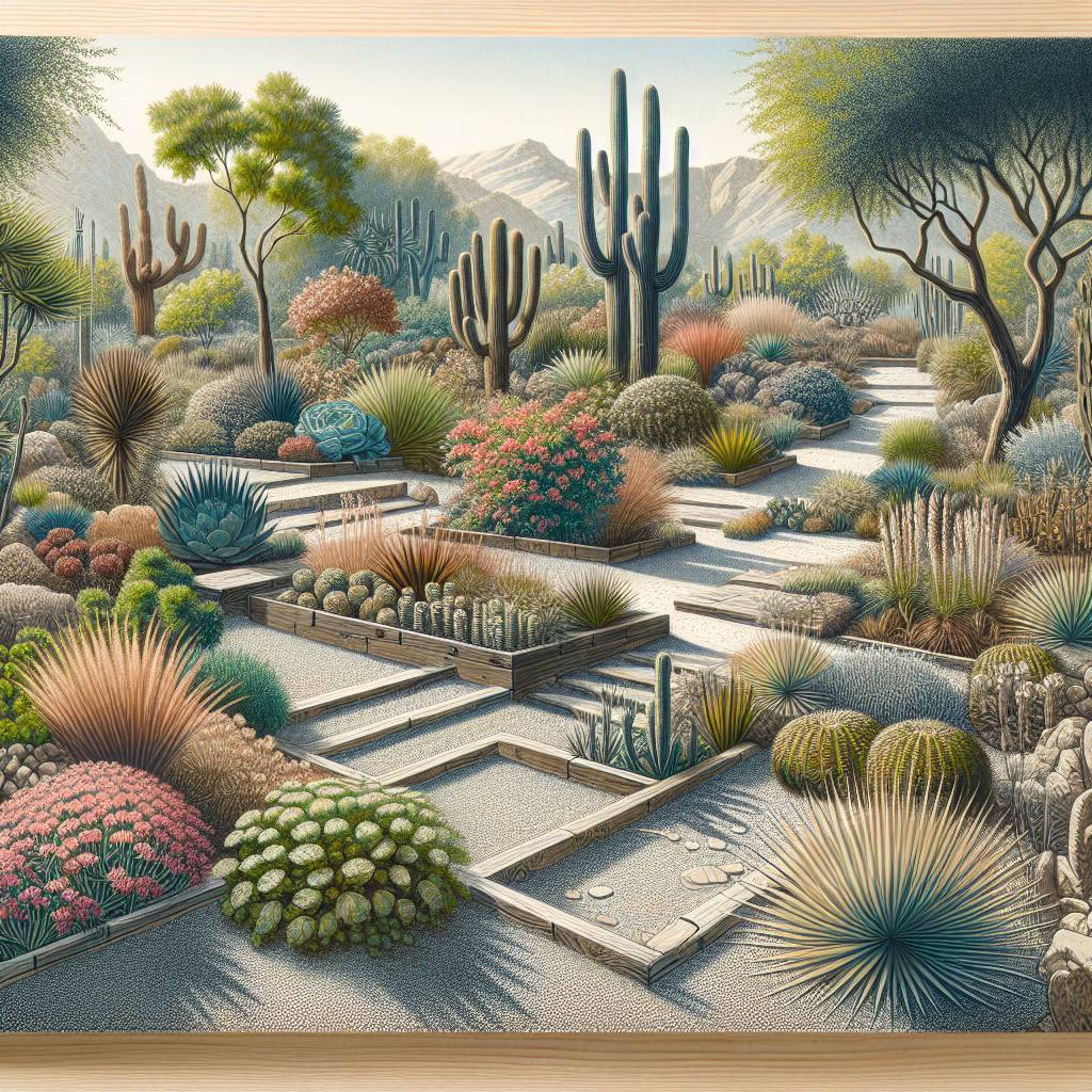 Desert garden with diverse cacti and mountain background.
