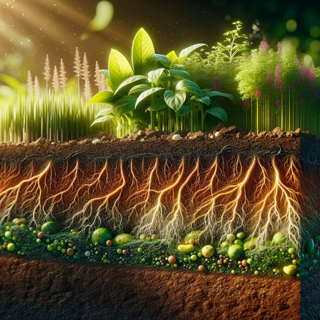 Illustration of plant life and soil layers with roots.
