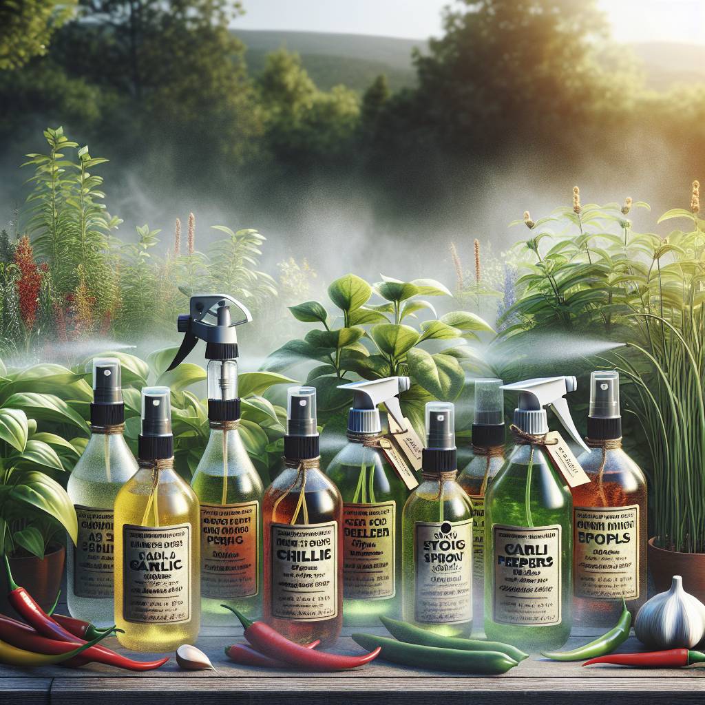 Variety of infused cooking oils in garden setting.