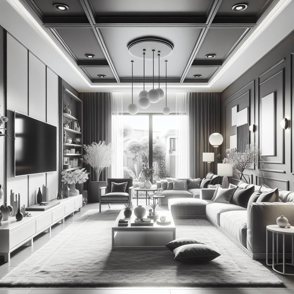 Modern monochrome living room interior design with decor.