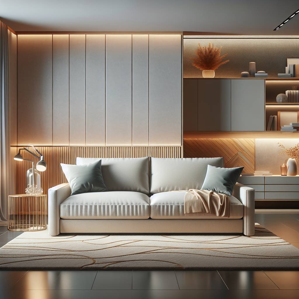 Modern living room interior design with sofa and shelves.