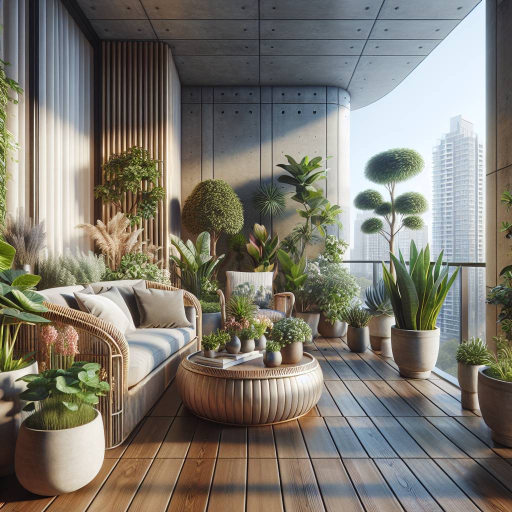 Modern urban balcony garden with lush green plants.