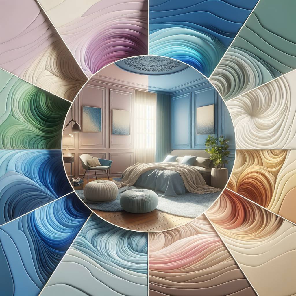 Colorful swirl patterns surrounding cozy modern bedroom interior.