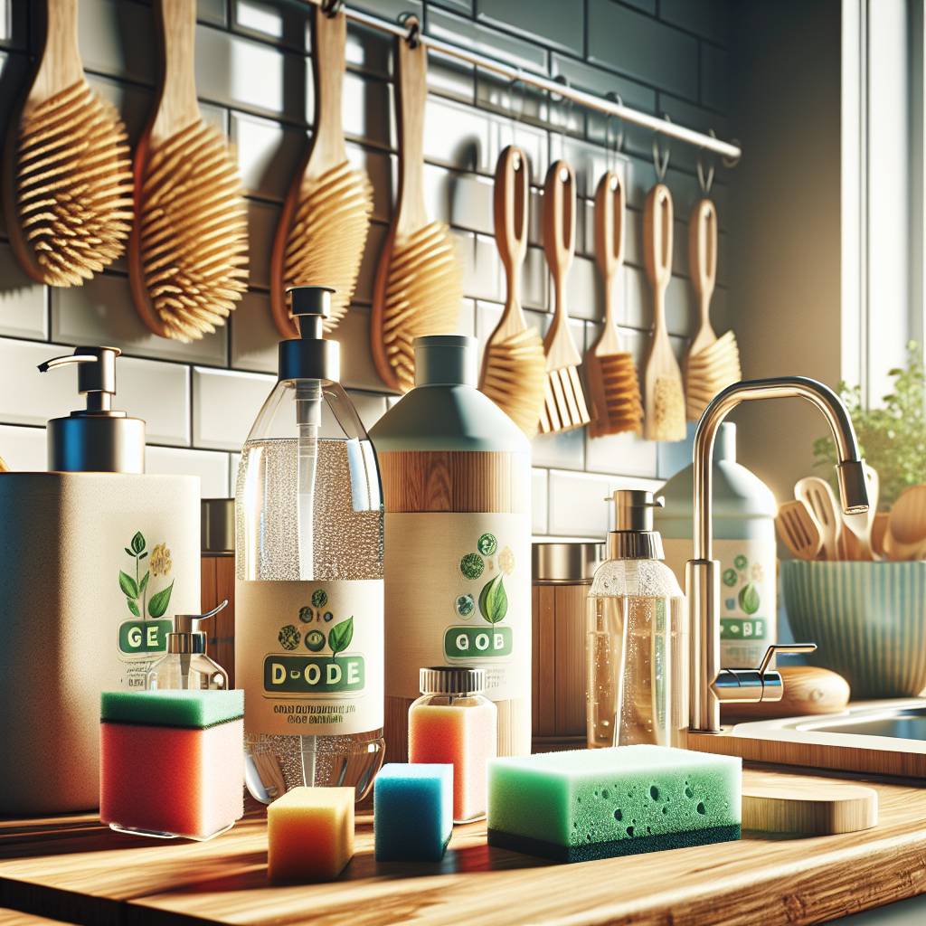 Eco-friendly kitchen cleaning products on wooden countertop.