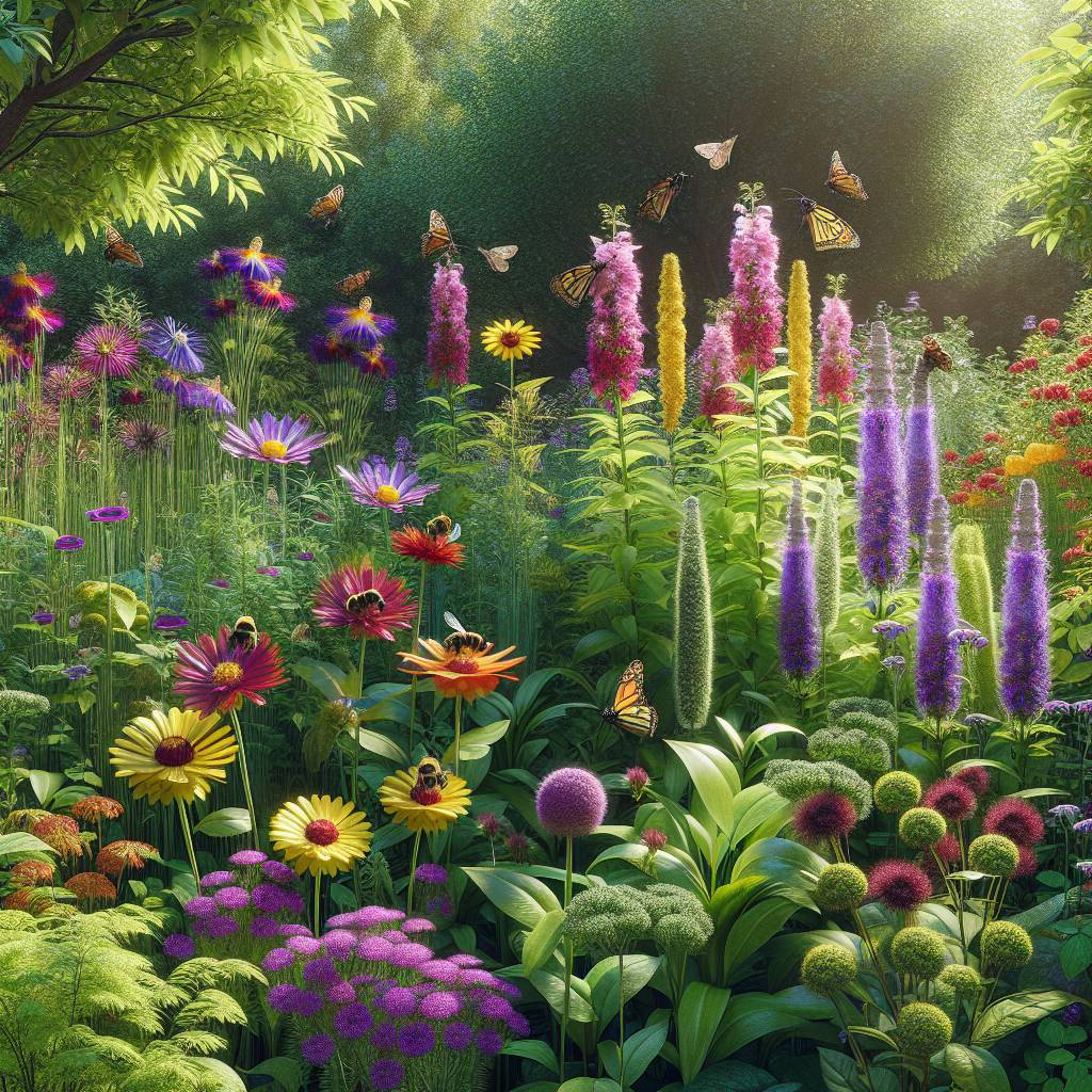 Colorful garden with flowers and butterflies in sunlight.