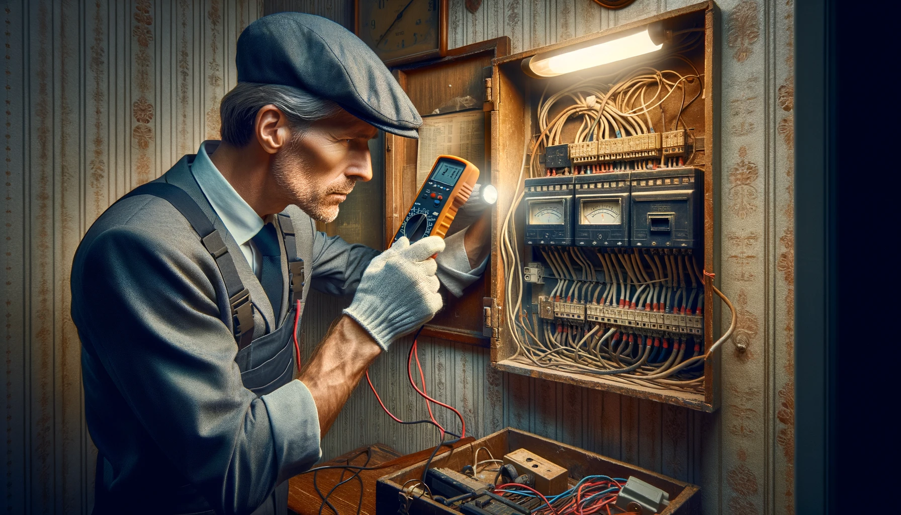 Electrician inspecting circuit breaker with multimeter.
