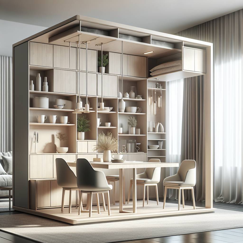 Modern minimalist dining room with shelving decor.