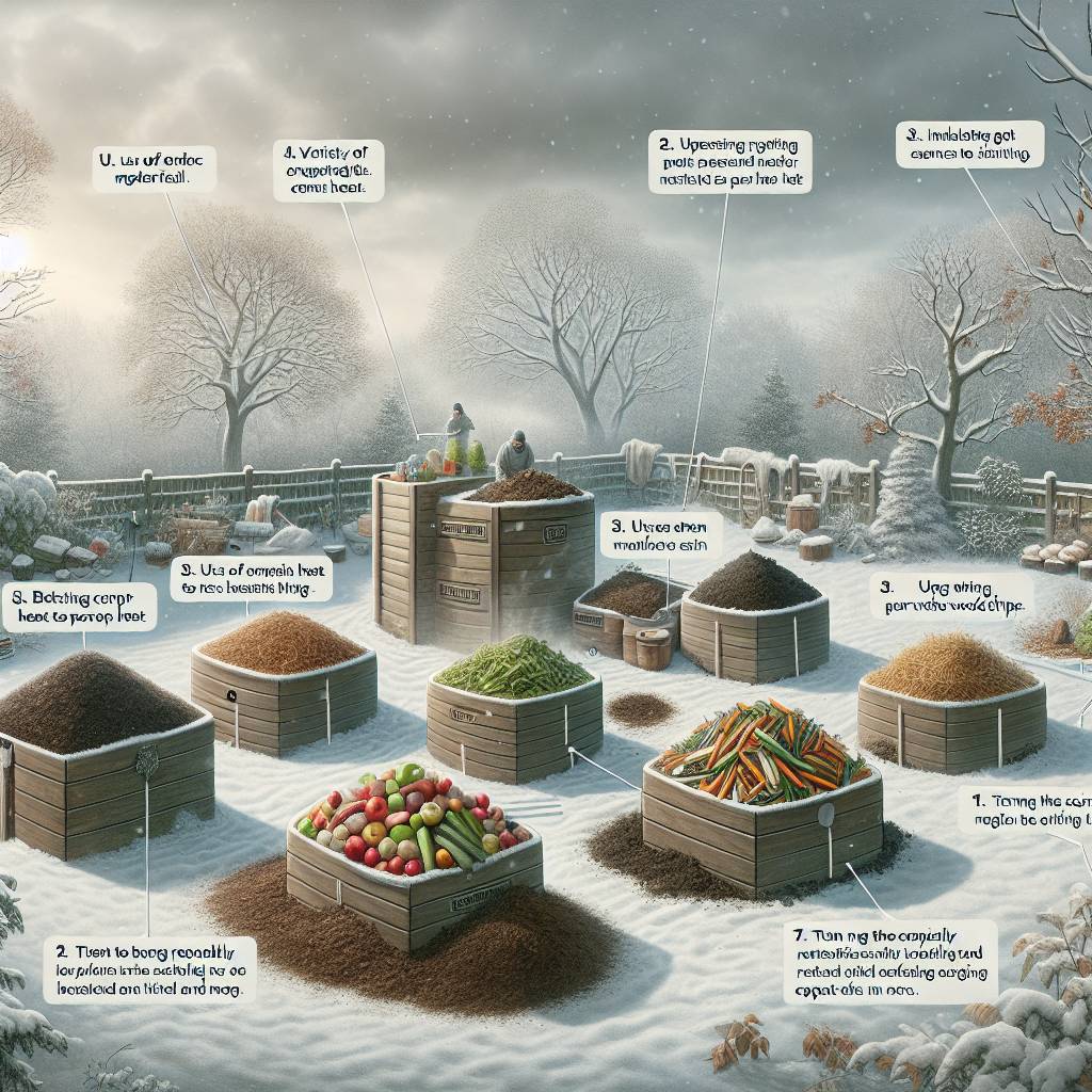 Winter garden with compost bins and snow-covered plants.