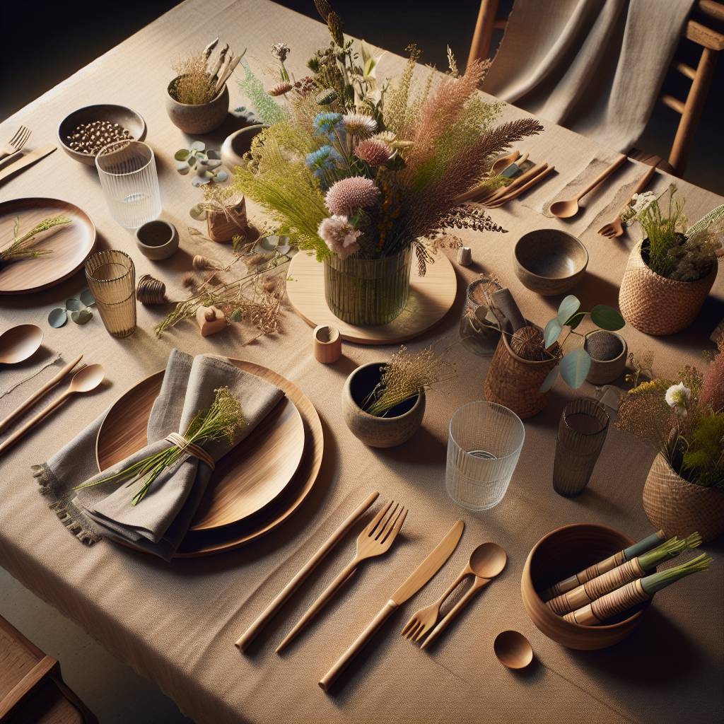 Rustic table setting with natural decorations and wooden cutlery.