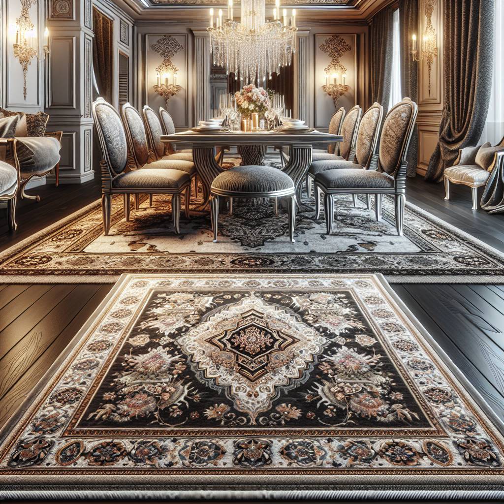 Elegant classic dining room with ornate chandelier and rug.