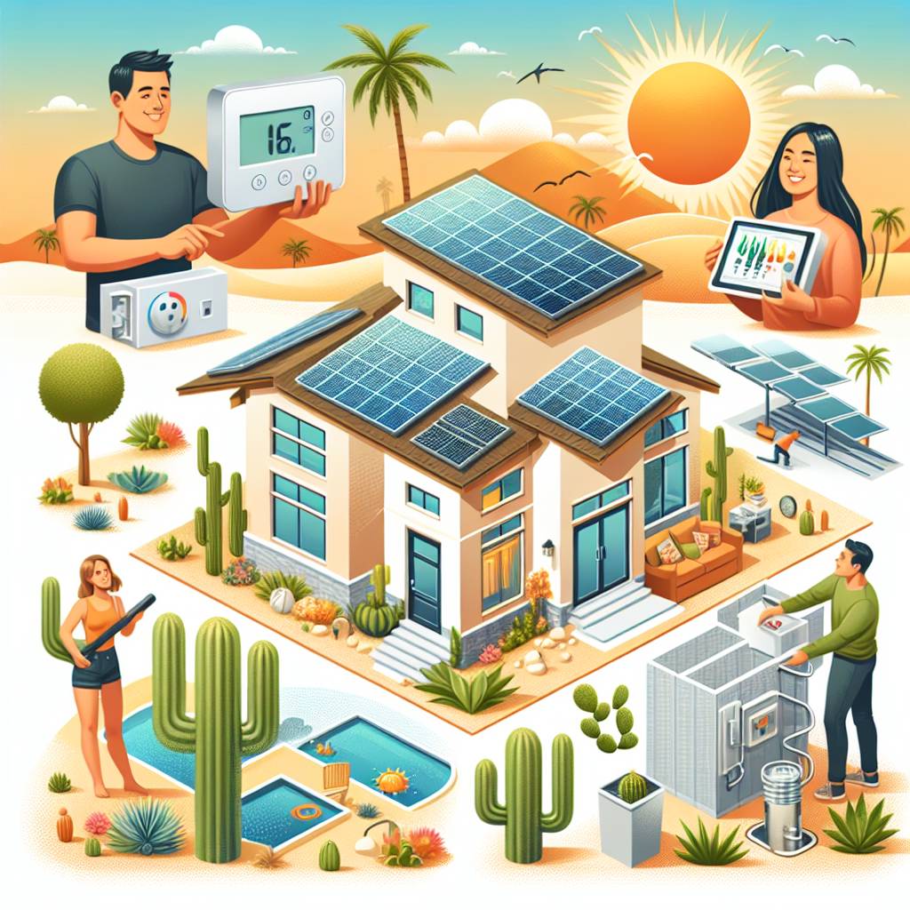 Illustrated eco-friendly home with solar panels and smart devices.