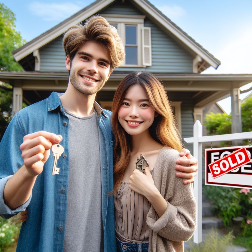 Happy couple holding keys, sold home in background.