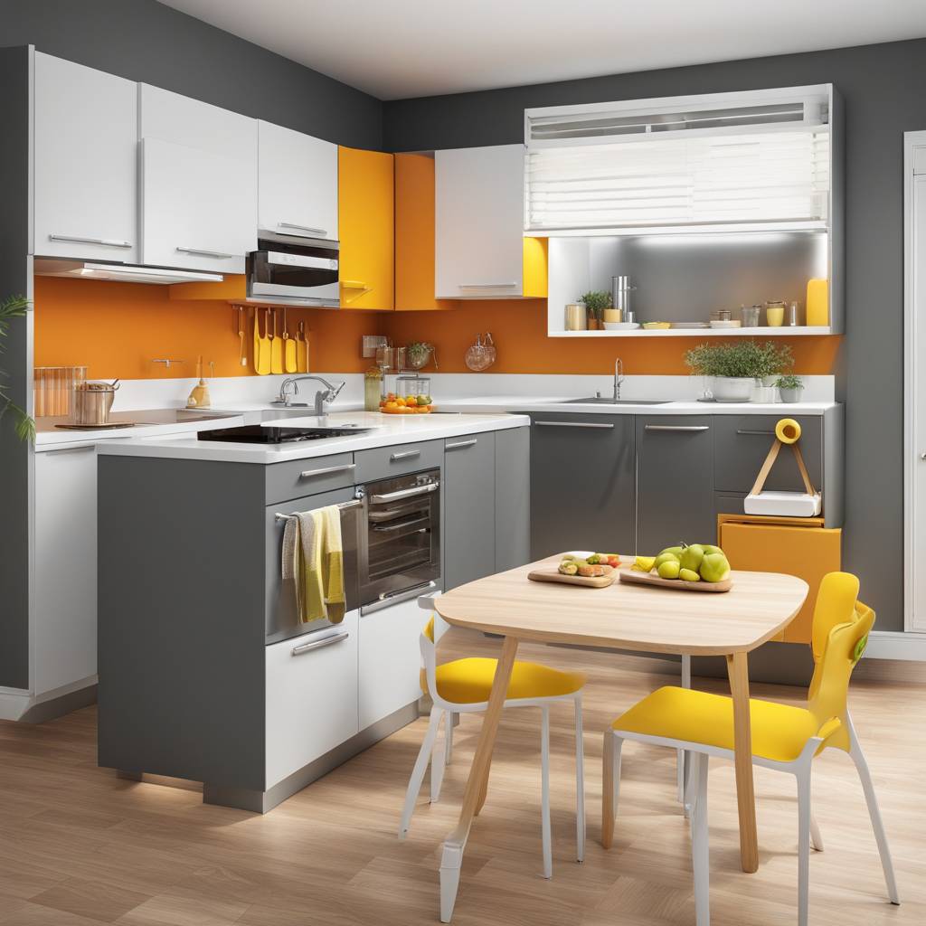 Modern kitchen with orange walls and gray cabinets.