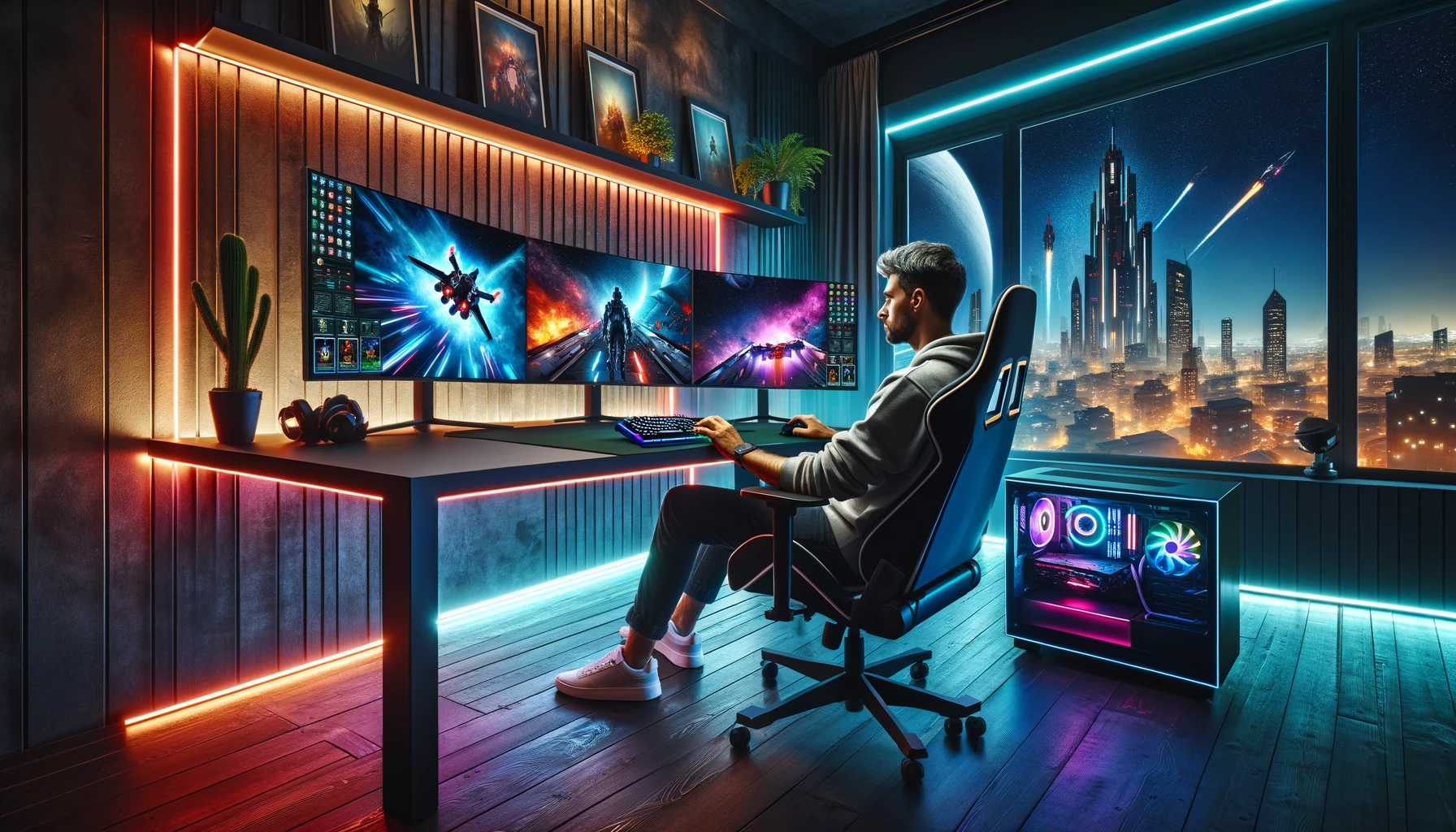 Man in modern gaming setup at night.