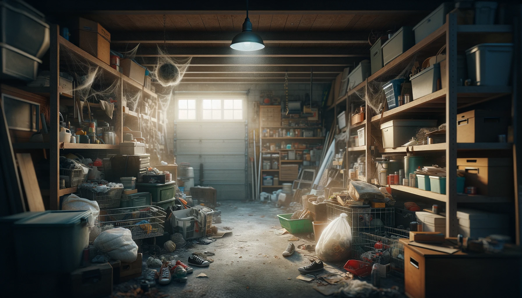 Sunlit cluttered garage interior with cobwebs and stored items.