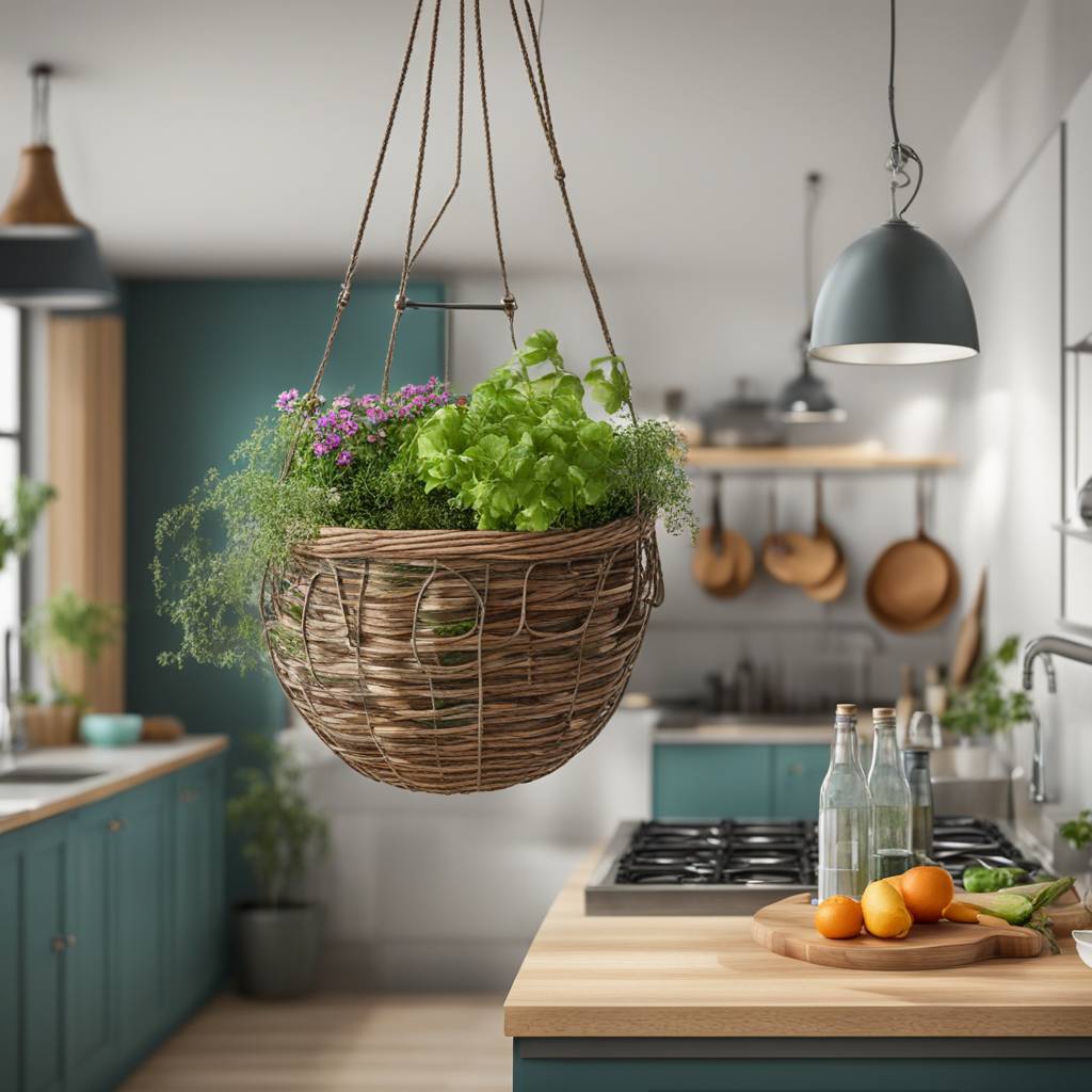 Hanging basket with herbs in modern kitchen.