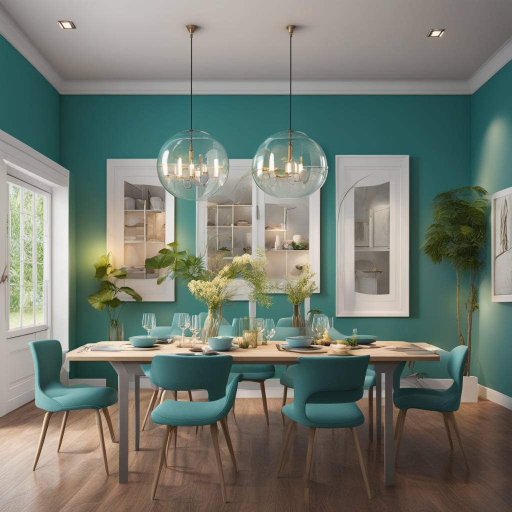 Elegant teal dining room with modern decor and lighting.