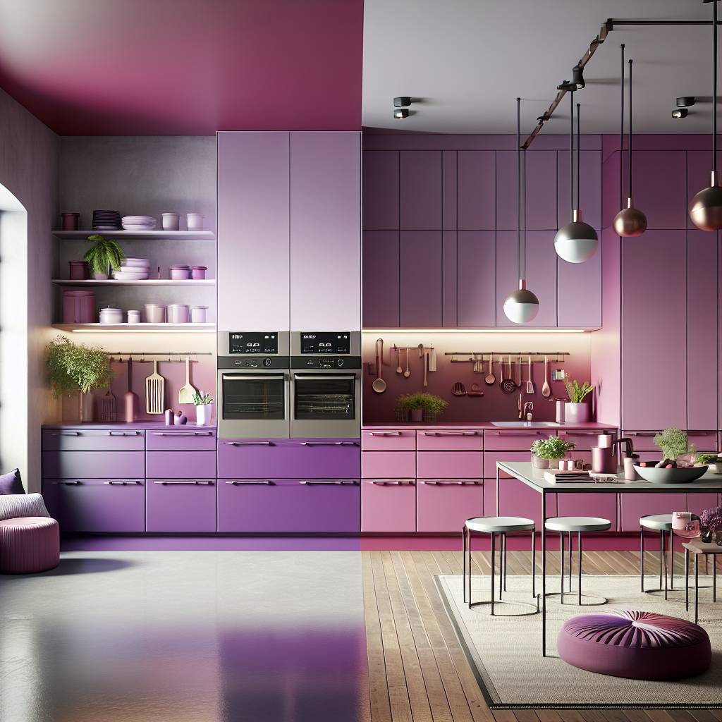 Modern purple kitchen interior with appliances and decor.