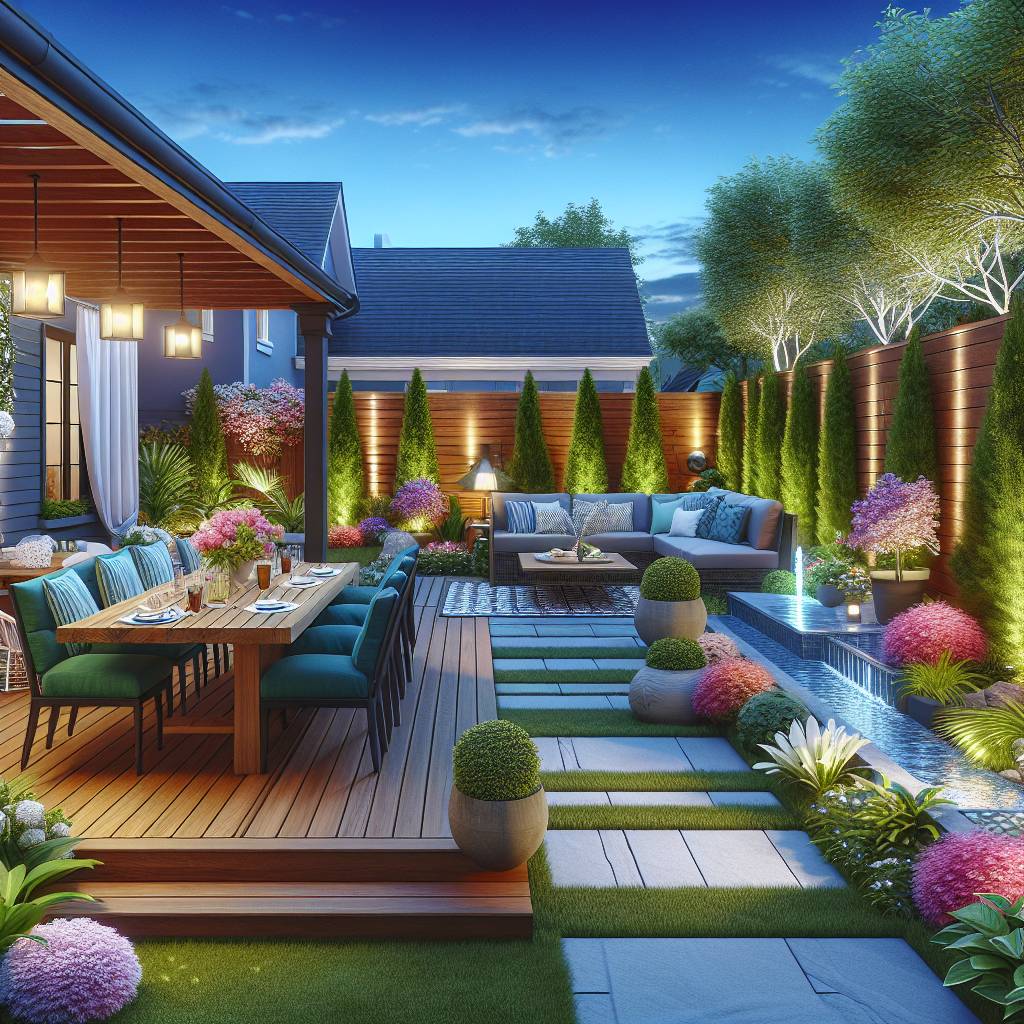 Illuminated backyard garden with dining and seating areas.