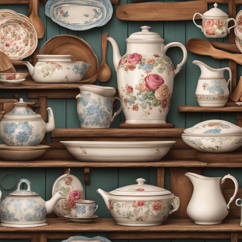 Vintage floral porcelain teaware on wooden shelves.