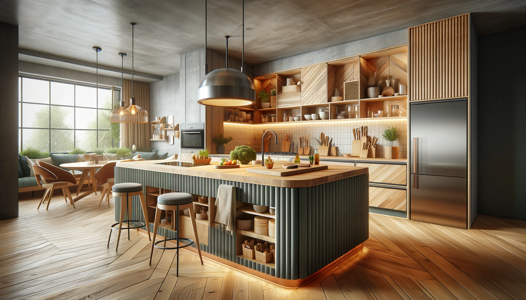 Modern kitchen interior with wooden design and lighting.