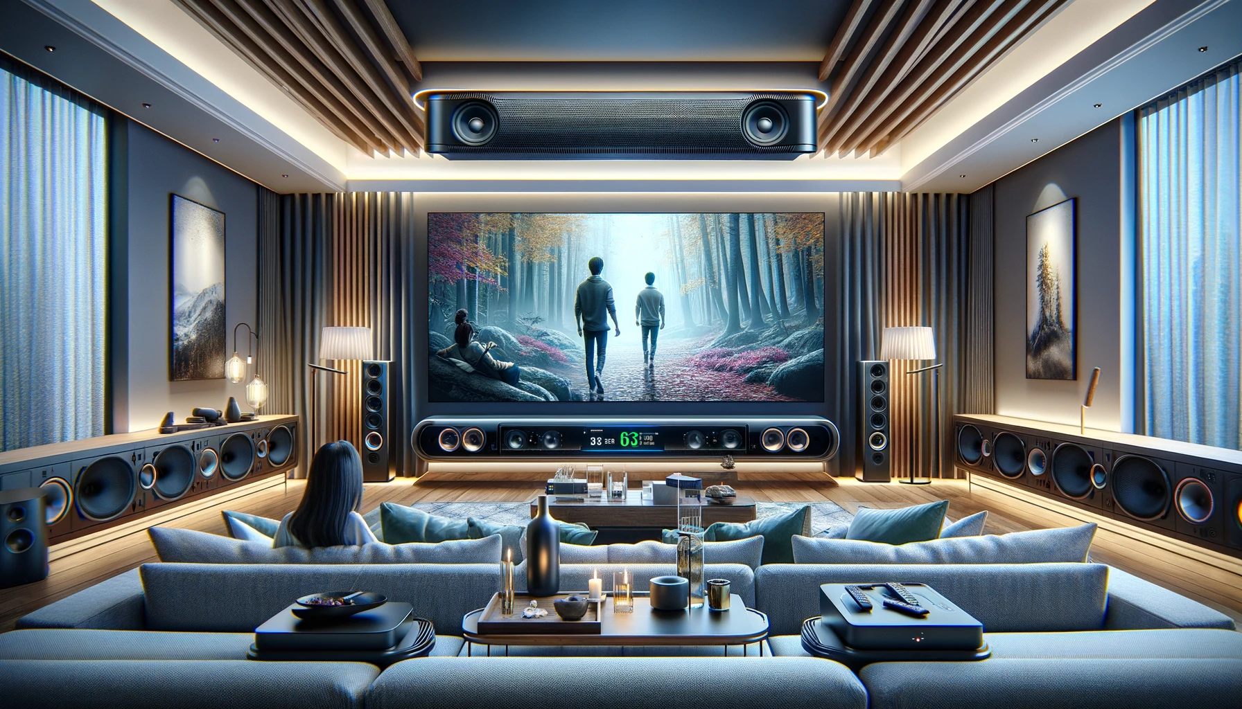 Modern home theater room with large screen and speakers.