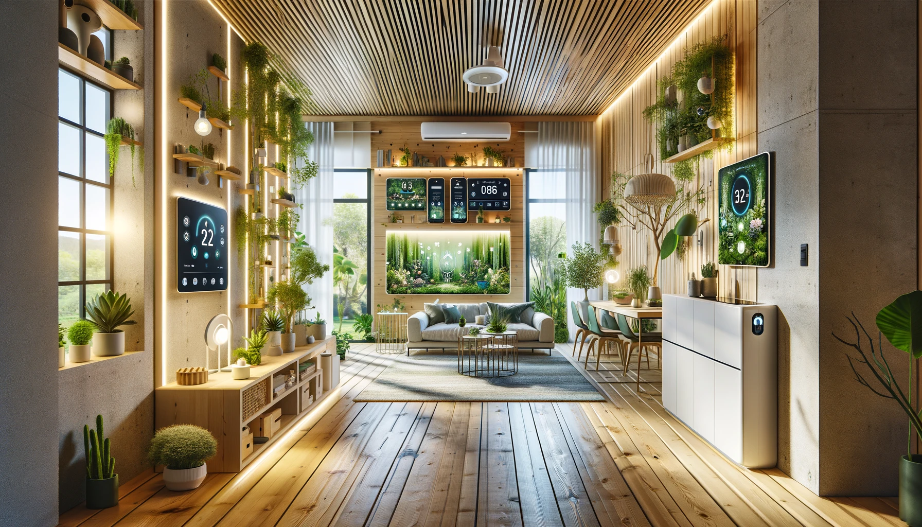 Modern eco-friendly smart home interior with plants.