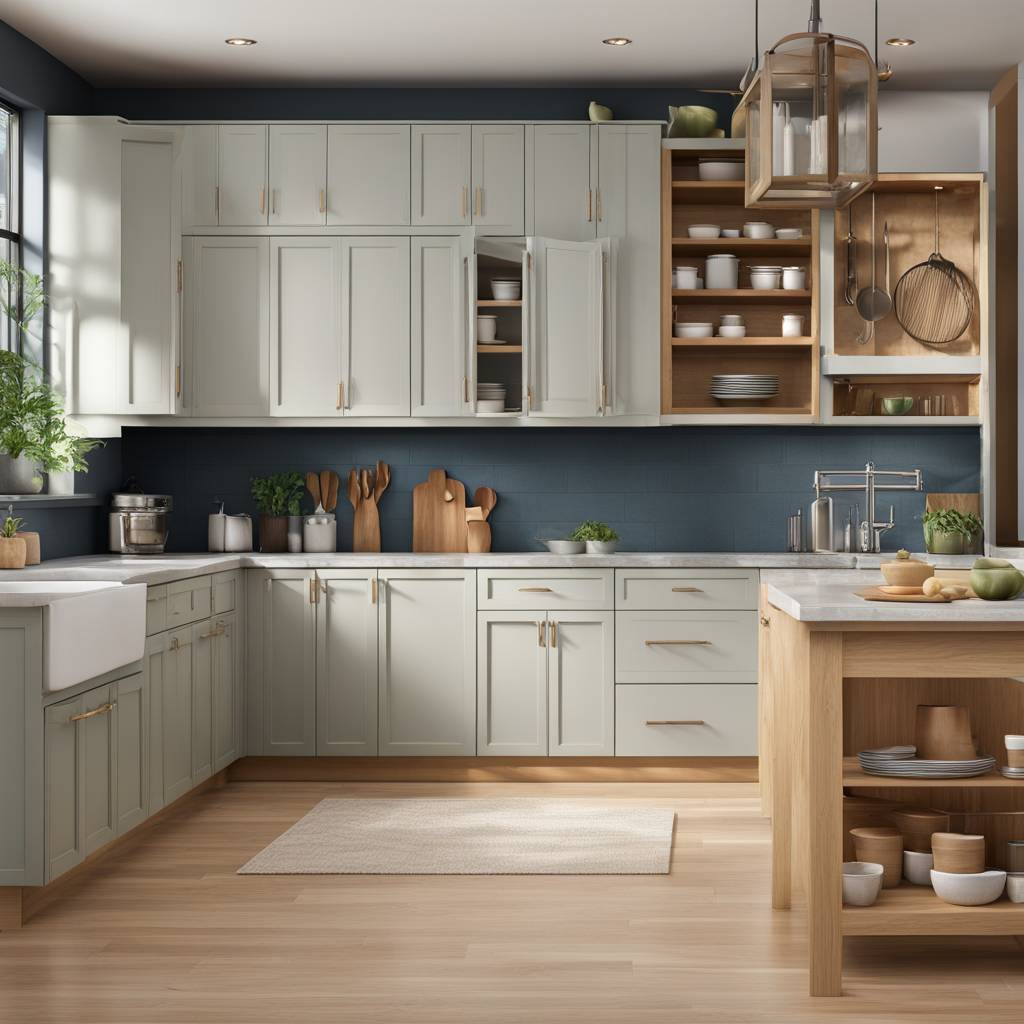 Modern kitchen interior with blue tiles and wooden accents.