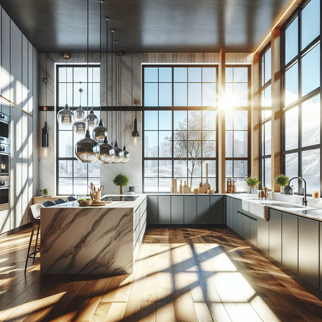Modern kitchen interior with sunlight and city view.