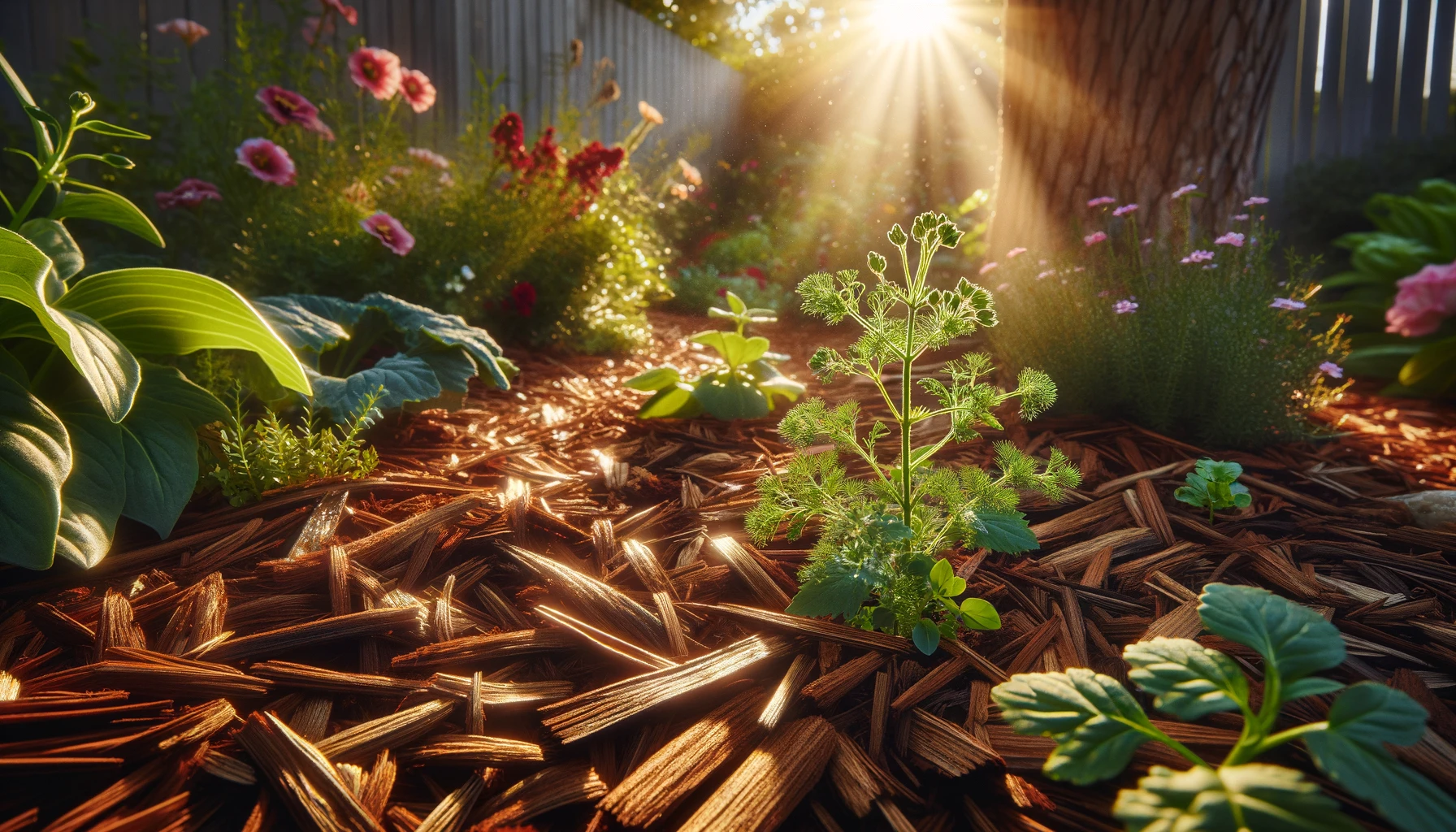 Sunlit garden with blossoming flowers and mulch.
